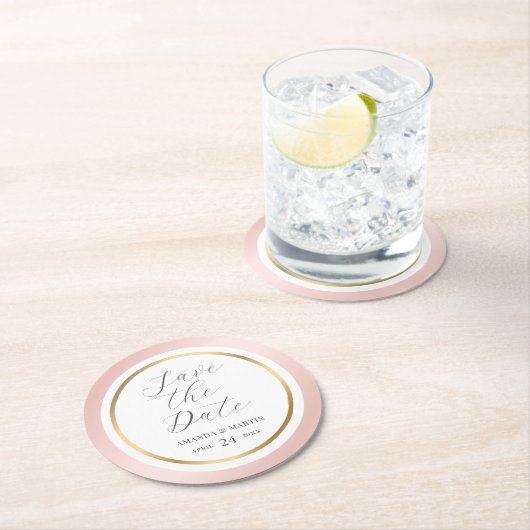 Rosa Gold Elegante SkriptWedding Save the Date Runder Pappuntersetzer (Vor Ort)
