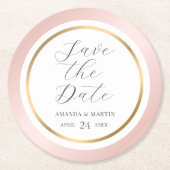 Rosa Gold Elegante SkriptWedding Save the Date Runder Pappuntersetzer (Vorderseite)