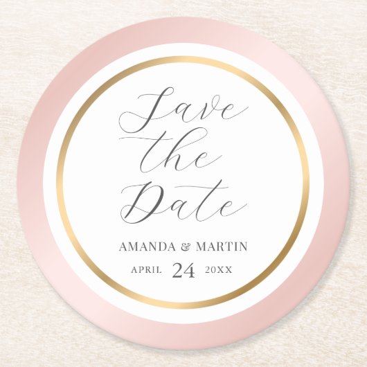 Rosa Gold Elegante SkriptWedding Save the Date Runder Pappuntersetzer (Vorderseite)