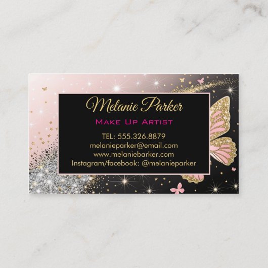 Rosa Gold Eleganter Glitzer Butterfly Visitenkarte (Rückseite)