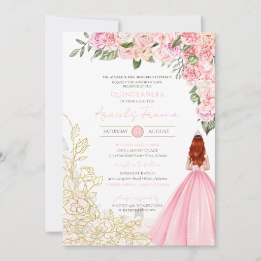 Rosa Gold Elegantes Hübsches Blumenkleid Quinceane Einladung (Vorderseite)