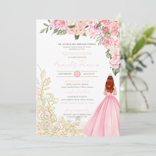 Rosa Gold Elegantes Hübsches Blumenkleid Quinceane Einladung (Stehend Vorderseite)
