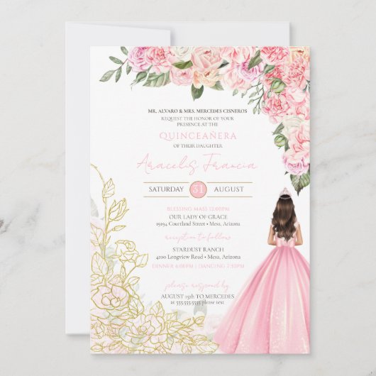 Rosa Gold Elegantes Hübsches Blumenkleid Quinceane Einladung (Vorderseite)