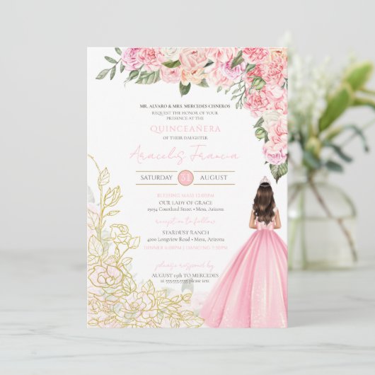 Rosa Gold Elegantes Hübsches Blumenkleid Quinceane Einladung (Stehend Vorderseite)