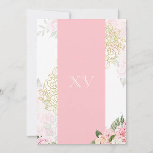 Rosa Gold Elegantes Hübsches Blumenkleid Quinceane Einladung (Rückseite)