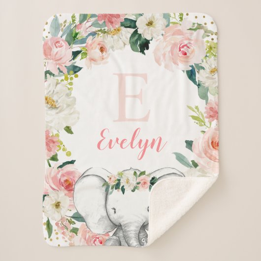 Rosa Gold Floral Elefant Girl Sherpadecke (Vorderseite)