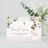 Rosa Gold Floral Erste Kommune Danke Karte (Stehend Vorderseite)