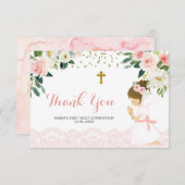 Rosa Gold Floral Erste Kommune Danke Karte (Vorne/Hinten)