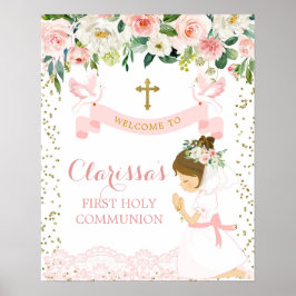Rosa Gold Floral Girl Erste Kommune Willkommenszei Poster