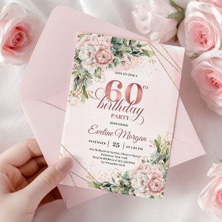 Rosa Gold Floral Gold Rahmen 60. Geburtstags-Einla Einladung