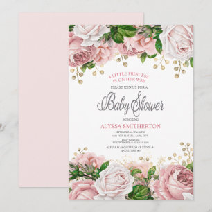 Rosa Gold Floral Kleines Mädchen Baby-Party Einladung