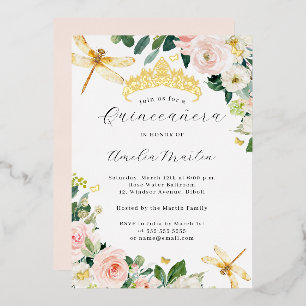 Rosa Gold Floral Libelle Quinceanera Folieneinladung