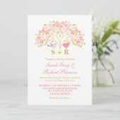 Rosa Gold Floral Love Bird Hochzeit Einladung (Stehend Vorderseite)