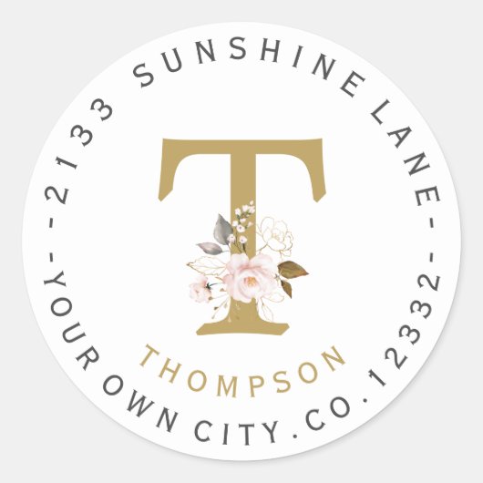 Rosa Gold Floral Monogramm-Rundschreiben Runder Aufkleber (Vorderseite)