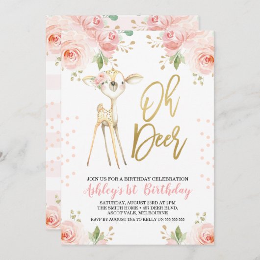 Rosa Gold Floral Oh Deer Geburtstag Einladung (Vorne/Hinten)
