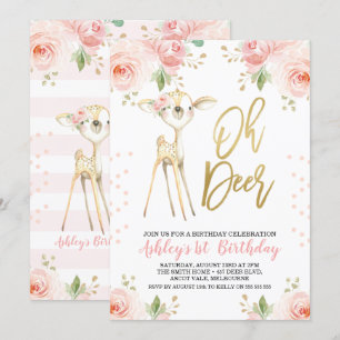 Rosa Gold Floral Oh Deer Geburtstag Einladung