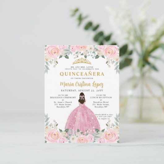 Rosa Gold Floral Princess Quinceañera Postkarte (Stehend Vorderseite)