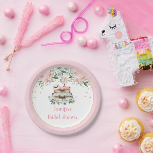 Rosa Gold Floral Reise Miss an Mrs. Brautparty Pappteller (Party)