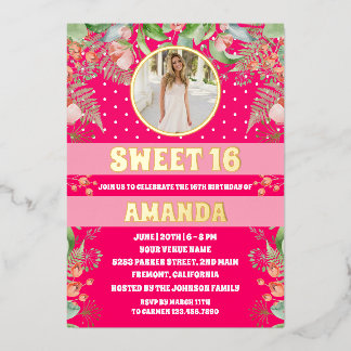 Rosa Gold Floral Sweet 16 Party Foto Folieneinladung
