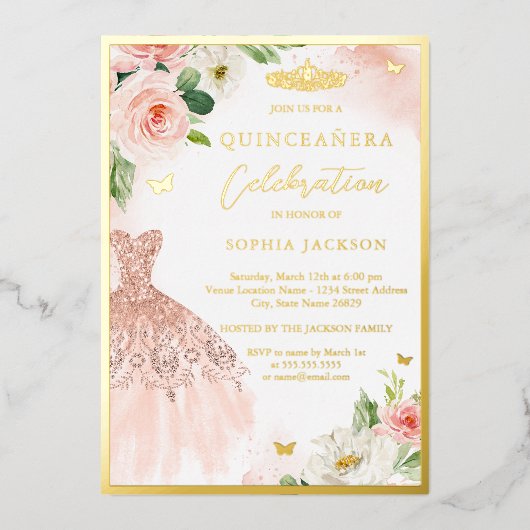 Rosa Gold Floral Tiara Kleid Elegantes Quinceanera Folieneinladung (Vorderseite)