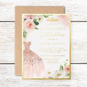 Rosa Gold Floral Tiara Kleid Elegantes Quinceanera Folieneinladung