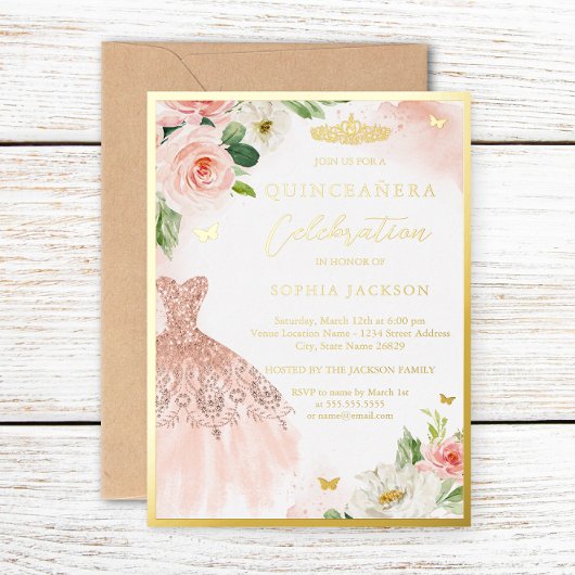 Rosa Gold Floral Tiara Kleid Elegantes Quinceanera Folieneinladung