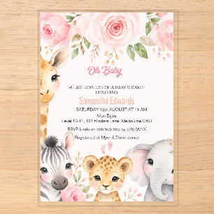 Rosa Gold Florale Safari-Tiere Baby Shower Einladu Acryleinladungen