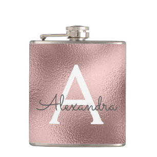 Rosa-Gold-Folie und Sparkle-Monogramm Flachmann