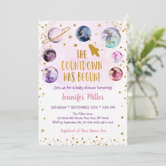 Rosa Gold Galaxy Countdown hat mit Baby Dusche beg Einladung (Stehend Vorderseite)