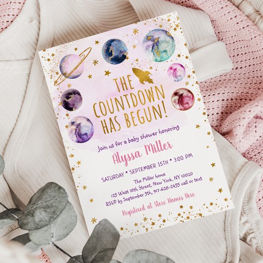 Rosa Gold Galaxy Countdown hat mit Baby Dusche beg Einladung