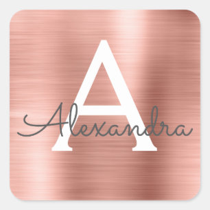 Rosa Gold Girly Metallic Monogram Quadratischer Aufkleber