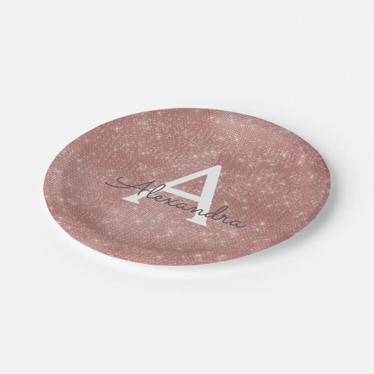 Rosa Gold Girly Sparkle Monogram Birthday Pappteller (Schrägansicht)