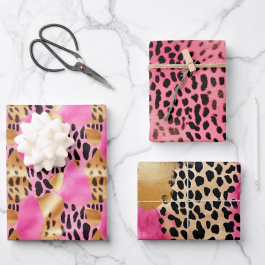 Rosa Gold Glam Leopard Print Geschenkpapier Set (Vorderseite)