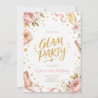 Rosa Gold Glamour Floral Geburtstagsfeier  Einladung