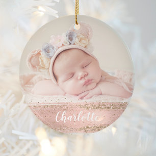 Rosa Gold Glamour individuelles Baby-Mädchen-Foto  Keramik Ornament