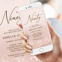 Rosa Gold Glitter 90. Geburtstags-Mobil-Einladung