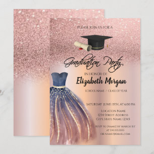 Rosa Gold Glitter Chic Kleid Abschlussmütze Abschl Einladung