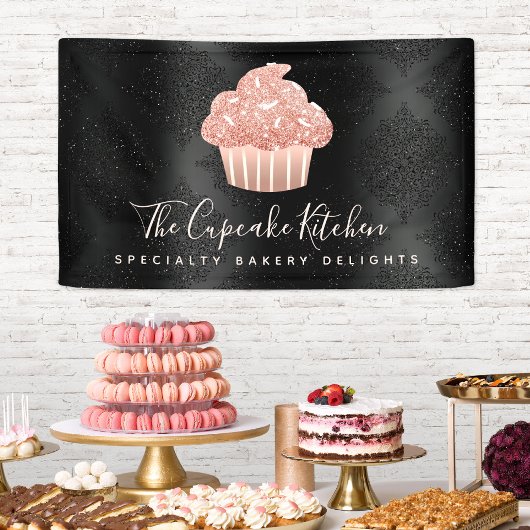 Rosa Gold Glitter Cupcake Schwarzer Damast Fette B Banner