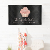 Rosa Gold Glitter Cupcake Schwarzer Damast Fette B Banner (Insitu)