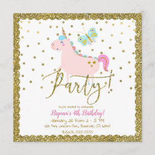 Rosa & Gold Glitter Einhorn Mädchen Geburtstagsfei Einladung