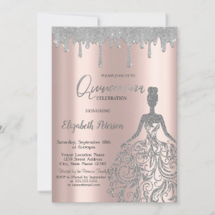 Rosa Gold, Glitter-Kleid tropft Silber Quinceanera Einladung