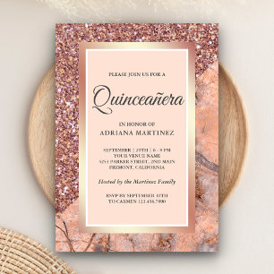 Rosa Gold Glitter Korallenrosa Marmor Quinceanera Einladung