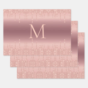 Rosa Gold Glitter Monogramm Geschenkpapier Bögen Set