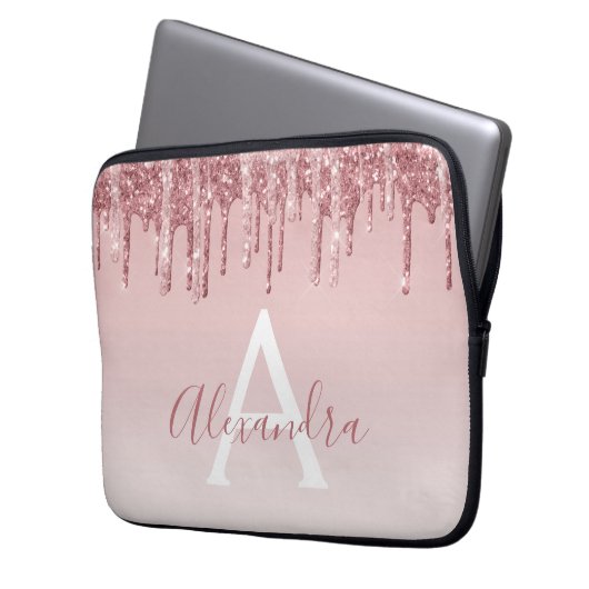 Rosa-Gold-Glitter-Monogramm Laptopschutzhülle (Vorderseite Links)