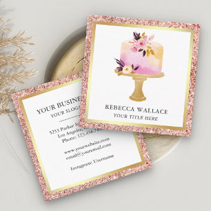 Rosa Gold Glitter Pastell Blumen Torte Bäckerei Quadratische Visitenkarte