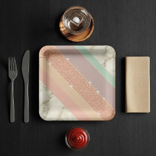 Rosa-Gold-Glitter Pastell-Marmor-Diagonalstreifen Pappteller