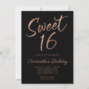 Rosa Gold Glitter Pinsel Schrift Sweet 16 Schwarz Einladung