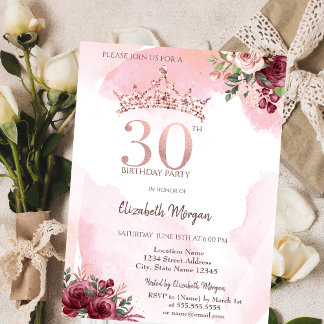 Rosa Gold Glitter Rosen Krone 30. Geburtstag Einladung