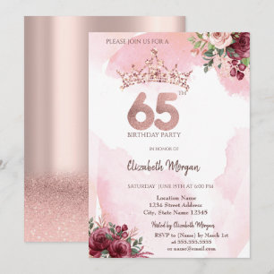 Rosa Gold Glitter Rosen Krone 65. Geburtstagsfeier Einladung