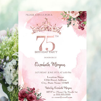 Rosa Gold Glitter Rosen Krone 75. Geburtstag Einladung